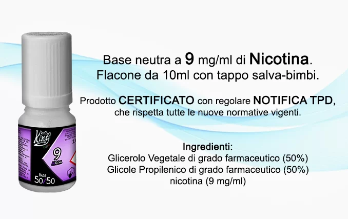 Base neutra a 18mg/ml di Nicotina. Flacone da 10ml con tappo salva-bimbi.  Prodotto CERTIFICATO con regolare NOTIFICA TPD, che rispetta tutte le nuove normative  vigenti.