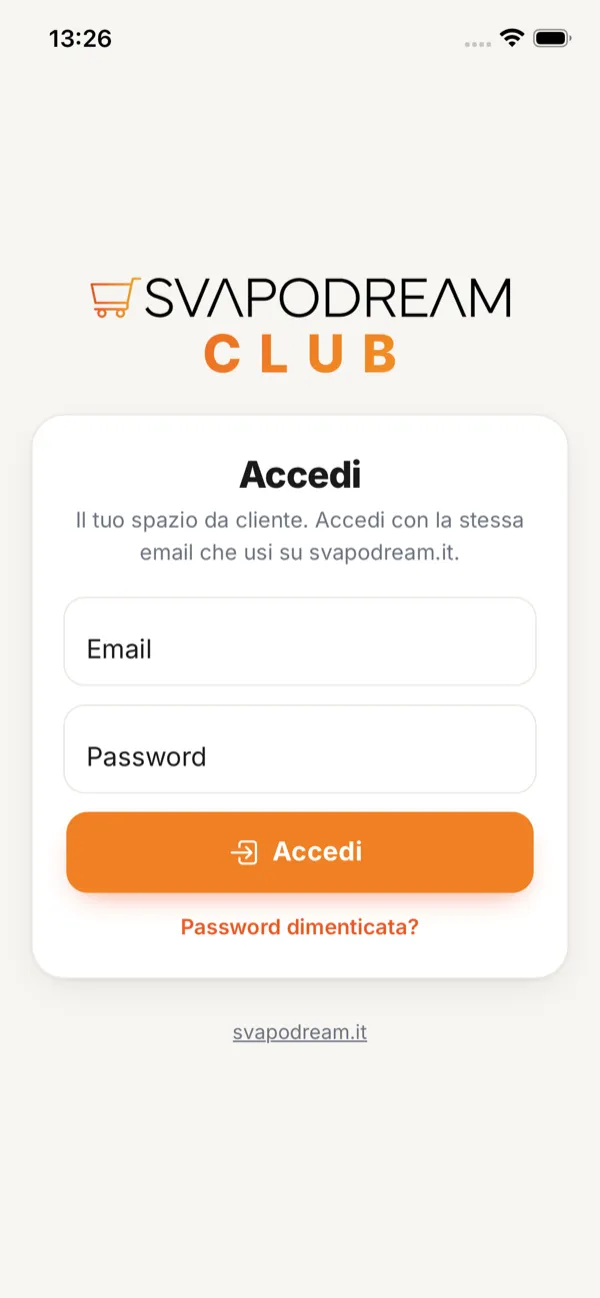 Schermata di accesso dell'app Svapodream Club